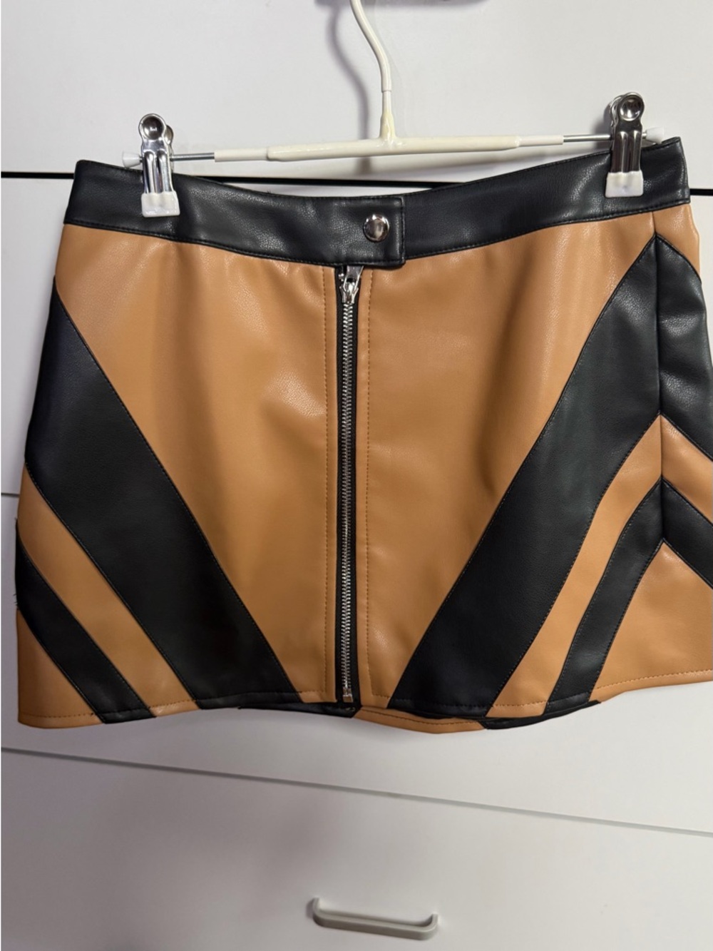 Fashion Nova Faux Leather Mini Skirt - Black & Tan Colorblock - Picture 1 of 2